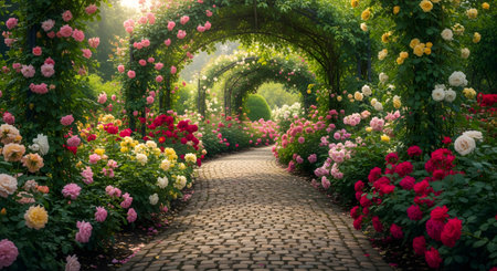 A magical, romantic cobblestone path winds through a beautiful garden, under a series of arches covered in blooming roses. The garden is filled with pink, red, yellow, and white roses, creating a fairytale-like scene.の素材