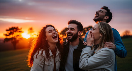 A group of four happy young friends, two men and two women, are laughing together outdoors during a beautiful, golden sunset. The warm light highlights their joyful expressions and strong friendship.の素材