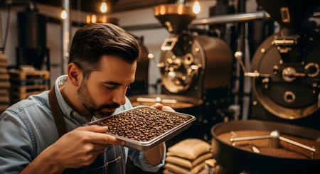 A male artisan coffee roaster in an apron inspects and smells a tray of freshly roasted coffee beans. He is in his roastery, with a large, industrial coffee roasting machine visible in the background.の素材