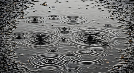 A macro, monochrome-style close-up of raindrops falling into a dark puddle on a gravelly surface. Each drop creates a crown-like splash and a series of concentric, circular ripples that intersect, capturing a moody, rainy day.の素材