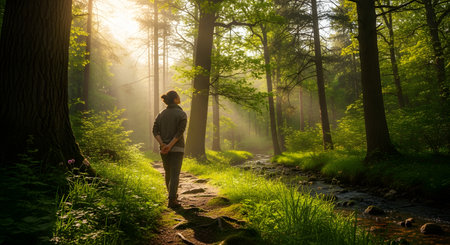 A woman stands on a sunlit path in a tranquil forest, looking up at the golden sunbeams streaming through the trees. A small creek flows nearby, creating a peaceful and serene nature scene.の素材