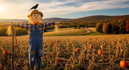 A friendly, smiling scarecrow with a crow on its hat stands in a large pumpkin patch at sunset. The field is full of ripe orange pumpkins and dried corn stalks. In the background, rolling hills are covered in colorful autumn foliage.の素材