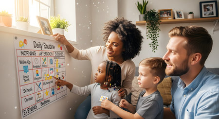 A happy, diverse family with two young children gathers around a 'Daily Routine' chart in their living room. The mother and daughter are pointing to the schedule, teaching the kids about tasks like 'Wake Up', 'Breakfast', and 'Homework'.の素材