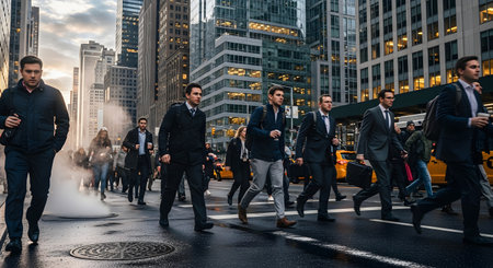 A crowd of business professionals and commuters walks on a busy city street, likely in New York City, surrounded by tall buildings. Steam rises from a manhole cover on the street.の素材