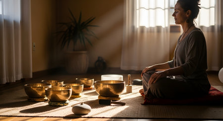 A woman meditates peacefully, sitting cross-legged on a cushion in a dimly lit room with her eyes closed. In front of her are several Tibetan singing bowls, with sunlight streaming in and illuminating the scene.の素材
