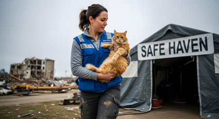 A female aid worker in a blue vest holds a large orange cat at a disaster relief site. A 'Safe Haven' tent is in the background, with destroyed buildings visible in the distance.の素材