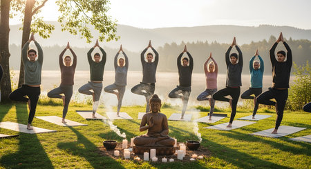 A group of people practice yoga in the tree pose (Vrksasana) on mats outdoors on a grassy lawn by a misty lake at sunrise. In the foreground, a Buddha statue is surrounded by lit candles and smoking incense, creating a serene setting for a yoga retreat.の素材