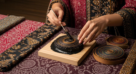 A close-up of a woman's hands creating traditional Indonesian batik. She is using a canting tool to apply hot wax to a 'cap' (copper stamp) for the wax-resist dyeing process, surrounded by batik fabrics.の素材