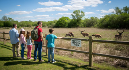 A family of five stands at a wooden fence, observing a herd of deer in a grassy field at a wildlife park or sanctuary. A sign on the fence, 'RESPECT...', is partially visible. The family is seen from behind on a sunny day.の素材
