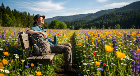 A female hiker, wearing a hat and carrying a backpack, rests on a wooden bench in the middle of a stunning mountain meadow full of colorful wildflowers. She is leaning back, enjoying the warm sun and the peaceful, scenic landscape of hills and forests. This image represents hiking, relaxation, and connecting with nature.の素材