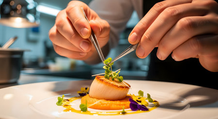 A close-up of a chef's hands meticulously garnishing a gourmet dish. The chef is using tweezers to place microgreens on a perfectly seared scallop, which sits on a bed of orange puree and is decorated with edible flowers.の素材