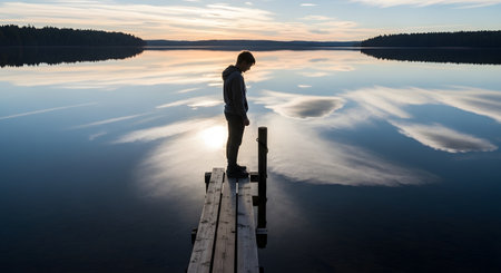 A person stands silhouetted on the end of a wooden dock, looking down at a perfectly calm lake reflecting the sunset sky. The scene is tranquil, serene, and evokes feelings of contemplation, peace, and solitude.の素材