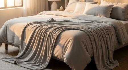 A comfortable and cozy bed with neutral beige linens and a soft fleece blanket draped artfully across it. Warm, natural sunlight from a window illuminates the scene, highlighting the textures and creating a calm, inviting bedroom.の素材