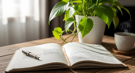 A peaceful and cozy scene with an open book and a fountain pen resting on a wooden desk. Next to the book is a steaming hot cup of coffee or tea and a green potted plant, all lit by soft, natural light from a nearby window.の素材