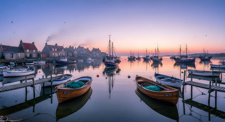 A tranquil harbor in a small fishing village at dawn or dusk. Small fishing boats and wooden rowboats are moored in the calm, reflective water. Quaint stone houses line the shore, and the sky is a soft gradient of pink and blue.の素材