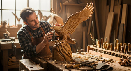 A skilled male woodcarver in an apron sands an intricate wooden sculpture of an eagle in his workshop. His workbench is covered with wood shavings and various carving tools.の素材