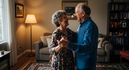 A happy and affectionate elderly couple dances together in their cozy, warmly-lit living room. The woman is smiling brightly at the man as they hold hands, sharing a romantic moment.の素材