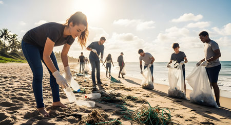 A diverse group of volunteers, including men, women, and a boy, are cleaning up trash from a sandy beach. They are wearing gloves and collecting plastic bottles and other rubbish into large garbage bags, representing environmental conservation and community service.の素材