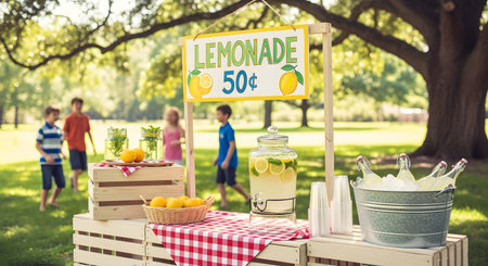 A classic lemonade stand set up in a grassy park on a sunny day. A sign reads 'LEMONADE 50Â¢', and a large glass dispenser, cups, and lemons sit on a table with a red checkered cloth, while children play in the background.の素材