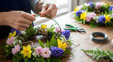 Close-up of a woman's hands skillfully crafting a beautiful flower crown on a wooden table. She is using wire and fresh spring flowers like daffodils, hyacinths, and carnations, representing a DIY hobby, floristry, or preparation for a celebration.の素材