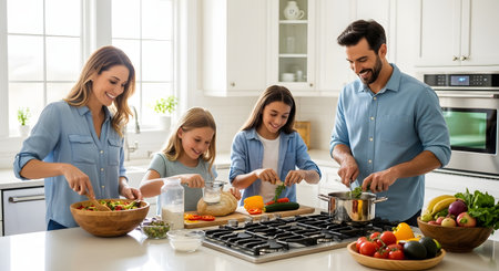 A happy family of four cooks together in a bright, modern white kitchen. The mother, father, and two daughters are smiling as they prepare a meal, chopping vegetables, tossing a salad, and stirring a pot on the stove.の素材
