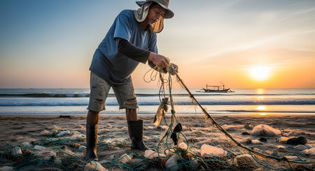 A fisherman stands on a beach at sunrise, pulling in a fishing net filled with plastic bottles and other trash. The image highlights the problem of ocean pollution. A traditional boat is on the water in the background.の素材