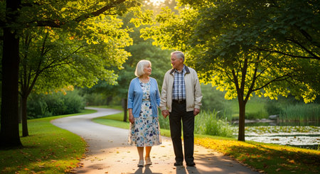 A loving senior couple holds hands while walking on a winding path through a beautiful green park at sunset. The elderly man and woman are smiling at each other, enjoying a healthy and active retirement together.の素材