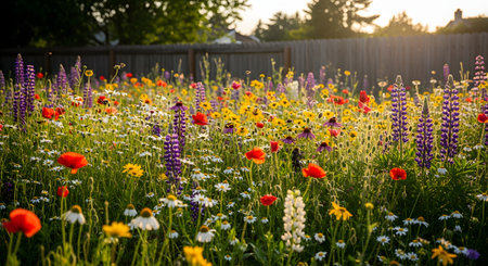 A vibrant, sunlit meadow filled with a variety of colorful wildflowers, including red poppies, purple lupines, and white daisies. The field is backlit by the warm, golden-hour sun, creating a beautiful, natural, and dreamy landscape.の素材