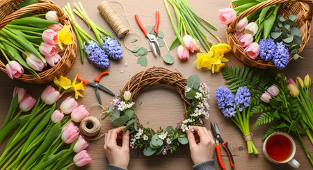 An overhead view of a person's hands crafting a spring wreath from a grapevine base. The wooden table is covered with floral supplies, including fresh tulips, hyacinths, and daffodils, plus shears, twine, and baskets.の素材