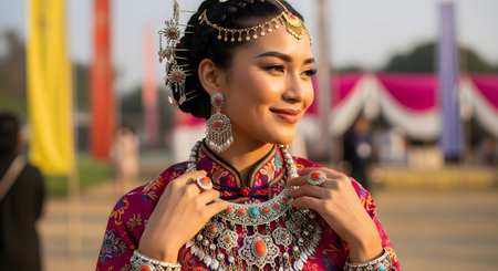 A beautiful young Asian woman wears a vibrant, traditional costume with intricate silver and turquoise jewelry, including a headdress, earrings, and necklace. She is smiling warmly and looking away, standing outdoors at what appears to be a cultural festival.の素材