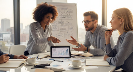 A diverse group of young professionals has a productive marketing meeting in a modern office. A smiling woman points to a bar chart on a tablet, while a man gestures and discusses ideas. A whiteboard with a 'MARKETING' flowchart is in the background.の素材