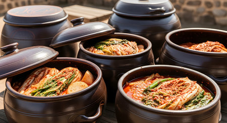 Several traditional Korean earthenware pots, known as onggi, are filled with freshly made kimchi. The pots are outdoors, with some lids open, showing the red, spicy fermented cabbage.の素材