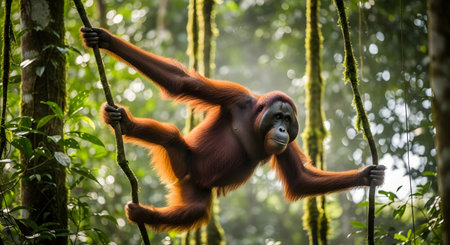 A large, male orangutan with reddish-brown fur swings gracefully between vines in a dense, green rainforest. Sunlight filters through the canopy, highlighting the primate in its natural habitat. This image captures the beauty and agility of this endangered species.の素材