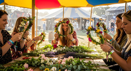A group of smiling young women sits at a wooden table under a colorful canopy, making flower crowns at an outdoor summer festival. They are surrounded by fresh flowers and are enjoying a creative workshop together.の素材