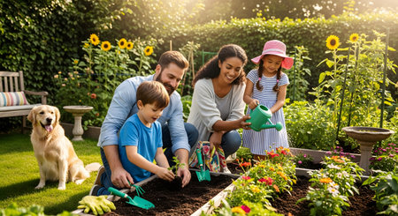 A happy, diverse family, including a mother, father, son, and daughter, is gardening together in a sunny backyard. The parents and children are planting flowers in a raised garden bed, with the son holding a small plant and the daughter using a watering can. A golden retriever dog sits nearby, watching them.の素材