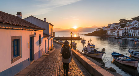 A woman with a hat and backpack walks down a cobblestone street in a quaint European seaside village at sunrise. The warm light illuminates the white houses and fishing boats docked in the calm harbor.の素材