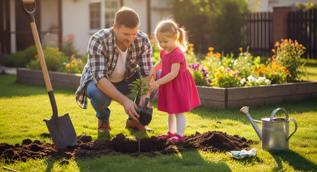 A father and his young daughter are planting a small tree in a sunny backyard. The father is kneeling, holding the sapling, while the girl helps. A shovel and watering can are nearby, representing family, bonding, and environmental care.の素材