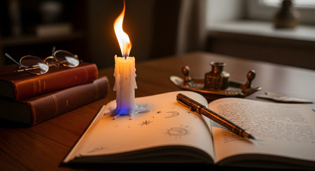 A vintage scene showing an open journal with handwritten text and celestial drawings, lit by a single burning candle. Old books, reading glasses, and an inkwell with a quill pen rest on a dark wooden desk, evoking a sense of history, writing, or fantasy.の素材