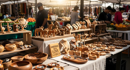 A close-up view of a market stall displaying handmade wooden crafts, including animal figurines and jewelry on wooden stands. A sign reading 'Handmade With Love' sits centrally among the goods, while blurred shoppers browse in the sunny background.の素材