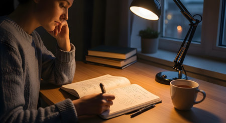 A woman sits at a wooden desk writing notes in a journal under the warm glow of a desk lamp during the evening. A cup of tea rests nearby, creating a quiet and focused atmosphere for study or reflection.の素材