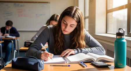 A focused teenage female student sits at a desk in a classroom, diligently writing notes in a notebook with a pen. Textbooks, a calculator, and a water bottle are on the desk, while other students work in the background near a whiteboard.の素材
