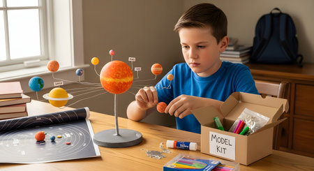 A focused young boy sits at a wooden desk assembling a colorful model of the solar system for a science project. He carefully attaches planets to the stand, surrounded by paints, brushes, and a model kit box.の素材