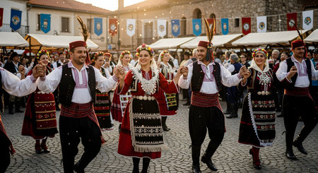 A group of dancers wearing traditional embroidered costumes hold hands and perform a lively folk dance in a town square. The festive scene is filled with confetti and joy, celebrating cultural heritage and community.の素材
