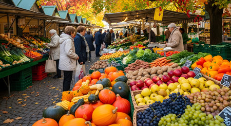 A vibrant outdoor farmers' market in autumn, with stalls overflowing with colorful fresh produce like pumpkins, apples, grapes, and vegetables. Shoppers browse the stalls under trees with fall foliage, creating a lively community atmosphere.の素材