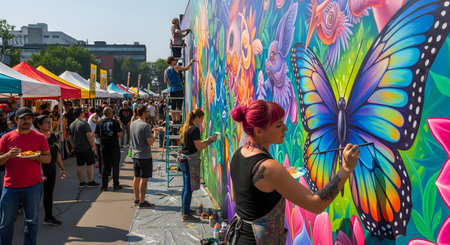 A female artist paints a large, vibrant butterfly mural on a wall during a busy street festival. The background is filled with colorful tents and festival-goers, capturing the creative atmosphere of public art events.の素材