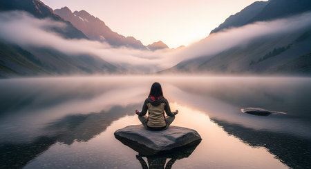 A woman sits in a lotus position meditating on a flat rock in the middle of a calm lake surrounded by majestic mountains and mist. The soft sunrise lighting creates a peaceful and spiritual atmosphere for mindfulness and yoga practice.の素材