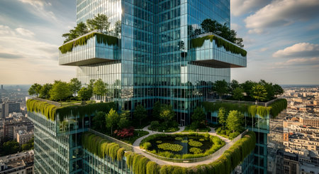 A modern, glass skyscraper features multiple green roof terraces with trees, gardens, and a pond. This sustainable architecture blends urban development with nature, and the city skyline is visible in the background.の素材