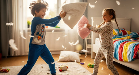 Two joyous children in pajamas are engaged in an energetic pillow fight in a sunlit bedroom, with feathers flying through the air. The boy and girl are laughing and playing together, capturing a moment of pure childhood fun and sibling bonding.の素材