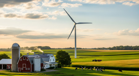 A picturesque rural landscape features a traditional red barn and white farmhouse with cows grazing in a green pasture. A large modern wind turbine stands prominently in the background against a sunset sky, symbolizing the integration of agriculture and renewable energy.の素材