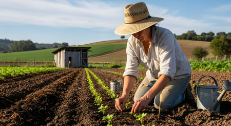 A female farmer wearing a straw hat kneels in a field to inspect and tend to young crops. The rural landscape features rolling hills and a rustic shed, emphasizing dedication to sustainable farming.の素材
